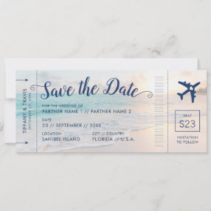 Beach Wedding Sunset Boarding Pass Save the Date Ankündigung