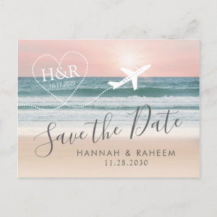 Beach Wedding Sunset Heart Flugzeug Save the Date Ankündigungspostkarte