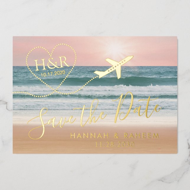 Beach Wedding Sunset Heart Flugzeug Save the Date Folieneinladung (Vorderseite)