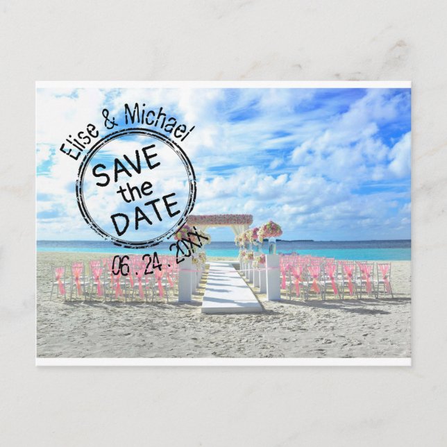 Beach Wedding Sunset Passport Briefmarke Save the  Einladungspostkarte (Vorderseite)