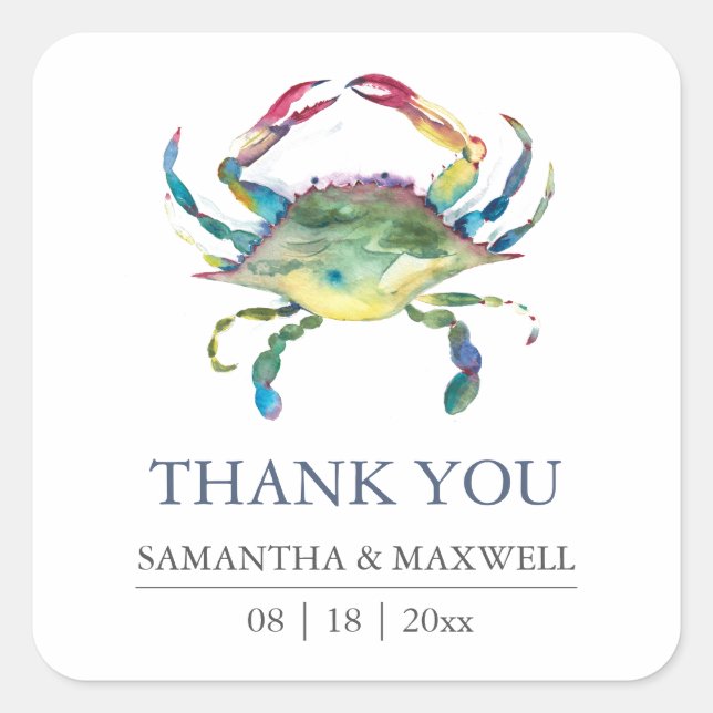 Beach Wedding Thank You Favor Sticker Blue Crab (Vorderseite)