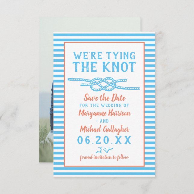 Beach Wedding The Knot Nautical Stripe Foto Save The Date (Vorne/Hinten)