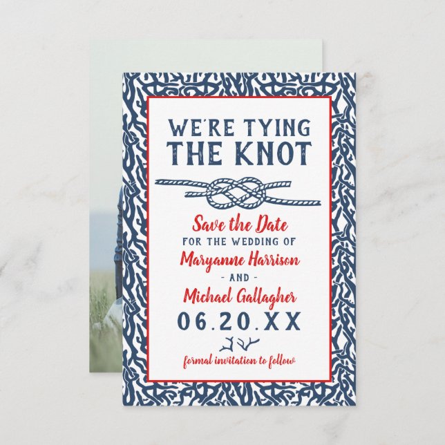 Beach Wedding The Knot Navy Blue Coral Foto Save The Date (Vorne/Hinten)