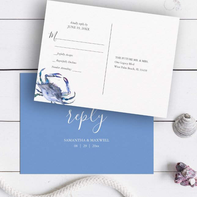 Beach Wedding UAWG Watercolor Blue Crab Postkarte (wedding RSVP Postcard Beach  Blue Crab Watercolor art by Victoria Grigaliunas Do Tell A Belle)