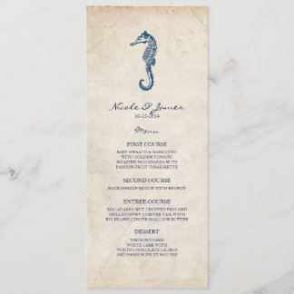 Beach Wedding Vintag Blue Seepferd Menü Menükarte