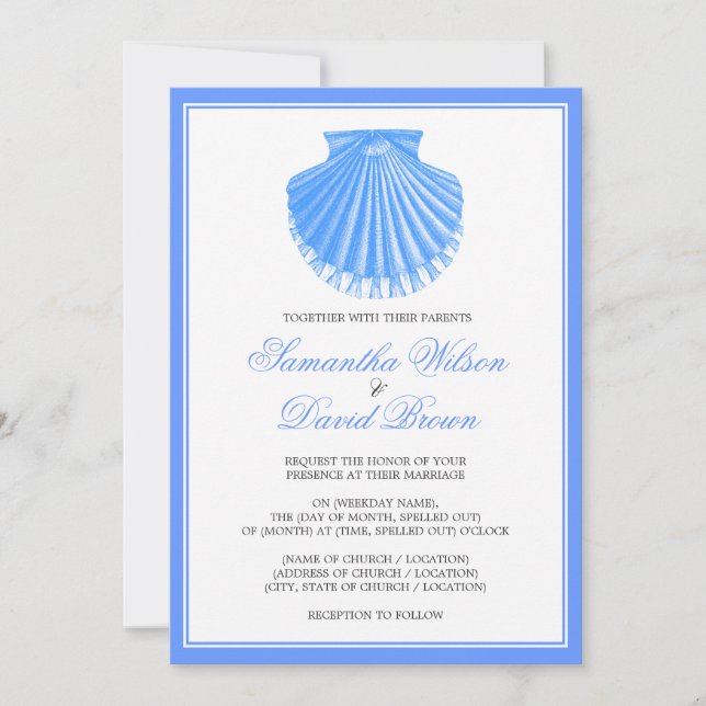Beach Wedding Vintag Scallop Muschel Blue Einladung (Vorderseite)