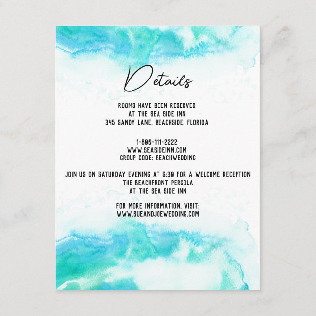 Beach Wedding Watercolor Blue Waves Gästedaten Begleitkarte (Vorderseite)