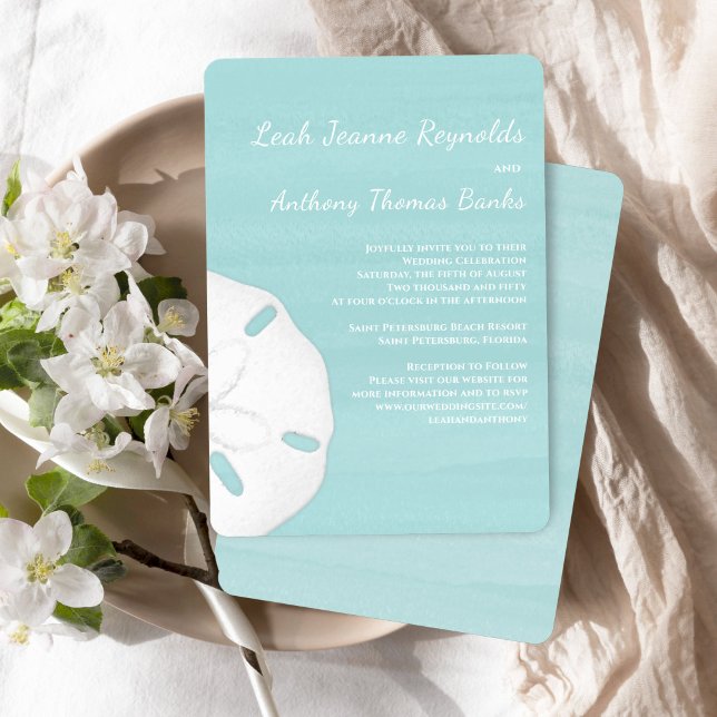 Beach Wedding Watercolor Sand Dollar Invitation Einladung (Turquoise beach wedding invitation with watercolor ocean and elegant sand dollar detail)