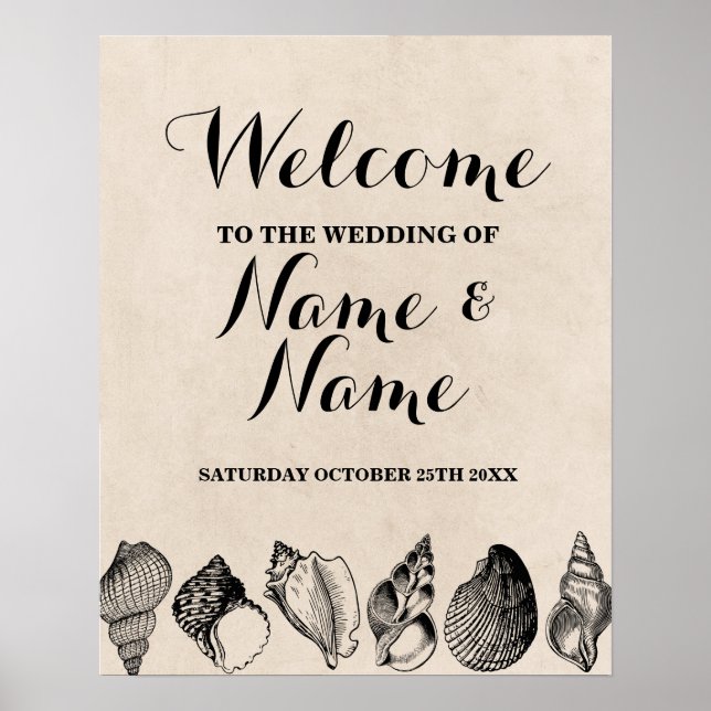 Beach Wedding Welcome Poster Muscheln Ozean (Vorne)