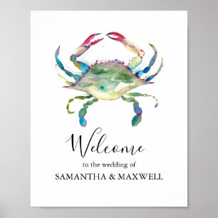 Beach Wedding Welcome Sign Watercolor Crab Poster