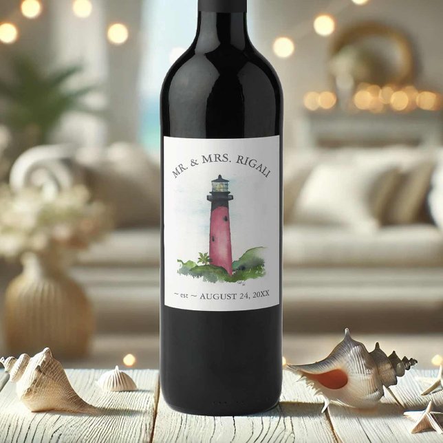 Beach Wedding Wine Bottle Labels Lighthouse Weinetikett (Wedding wine labels watercolor lighthouse art by Victoria Grigaliunas of Do Tell A Belle)