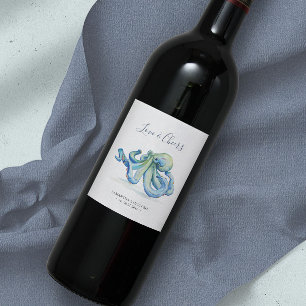 Beach Wedding Wine Labels Blue Octopus Weinetikett