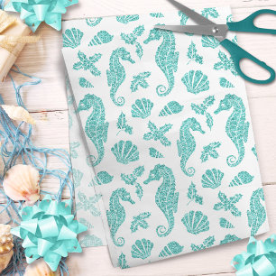 Beach Weihnachts Seepferd Glitzer Aqua Blue White Seidenpapier