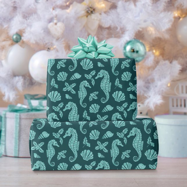 Beach Weihnachts Seepferd Glitzer Aquamarin Aqua Geschenkpapier (Von Creator hochgeladen)