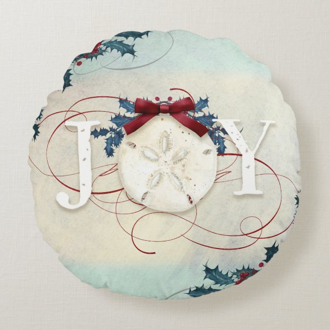 Beach Weihnachtssand Dollar Joy Typografy Holly Rundes Kissen (Vorderseite)