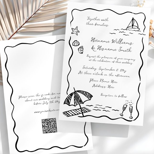 Beach Whimsical Black Hand Drawn QR UAWG Wedding Einladung (Von Creator hochgeladen)