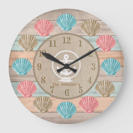 Beach Wood Nautical Seashells & Anchor Große Wanduhr