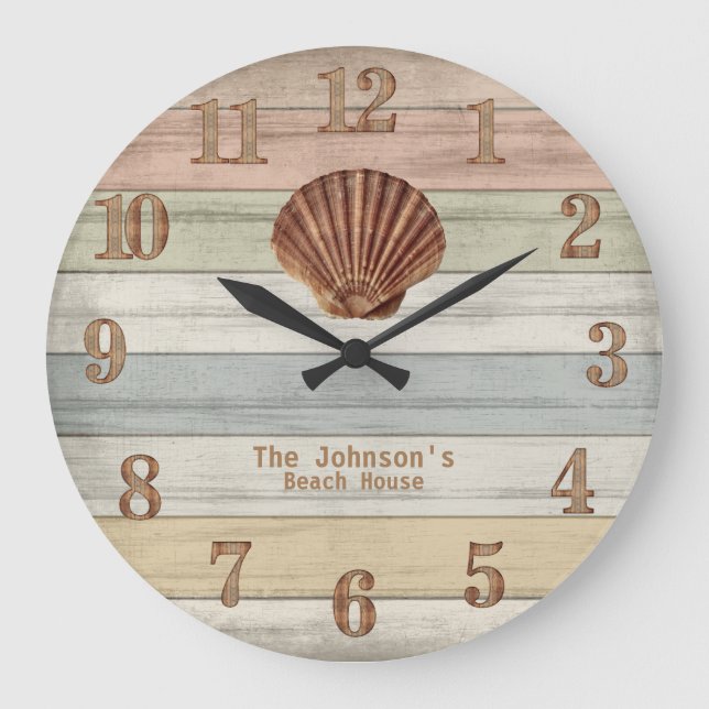 Beach Wood Nautical Stripes & Seashell Large Clock Große Wanduhr (Vorderseite)
