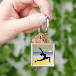 Beach Yoga Silhouette Premium Square Keyring Schlüsselanhänger