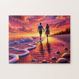 Beachside Romance Couple Sunset Walk By the Sea Puzzle