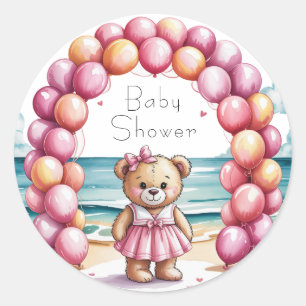 Beachside Teddy Bear Balloon Girl Baby Dusche Runder Aufkleber