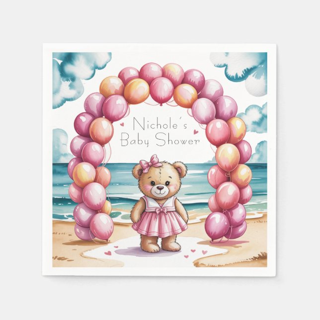 Beachside Teddy Bear Balloon Girl Baby Dusche Serviette (Vorderseite)