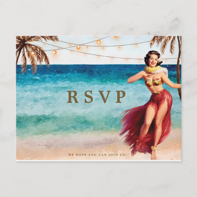 Beachtropische Hula Hochzeit rsvp Postkarte (Vorderseite)
