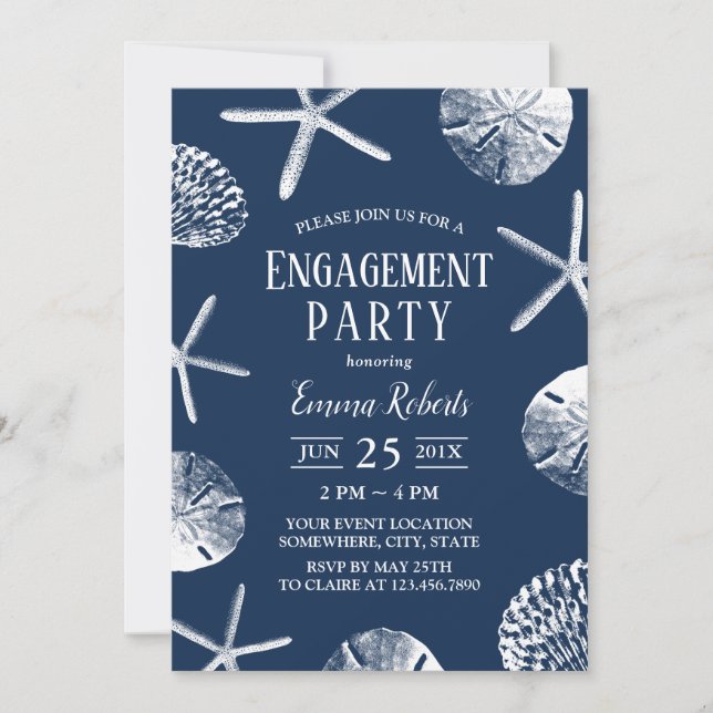 BeachWedding Navy Blue Seashells Engagement Party Einladung (Vorderseite)