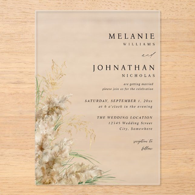 Beachy Boho Pampas Grass Wedding 2 Acryleinladungen (Vorderseite)