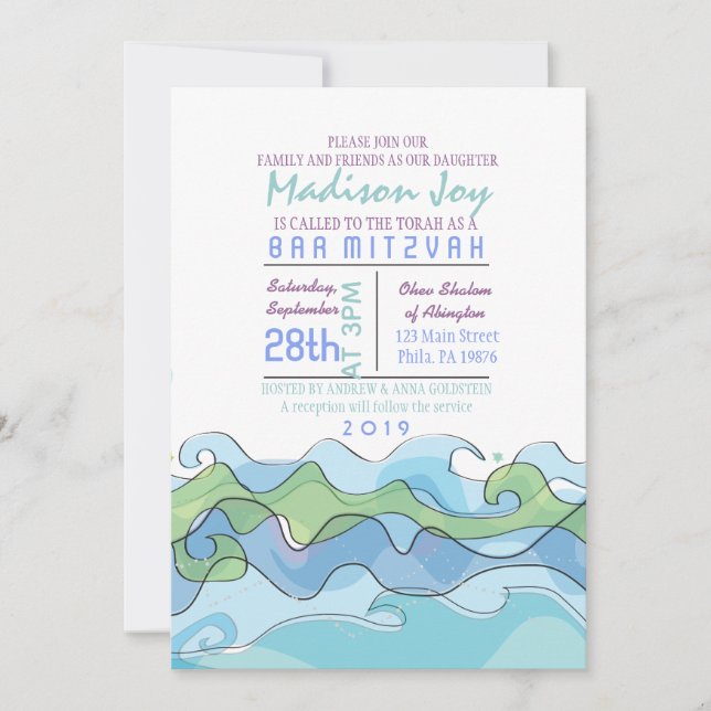 BEACHY Ocean Wave Bar Bat Mitzvah Einladung (Vorderseite)