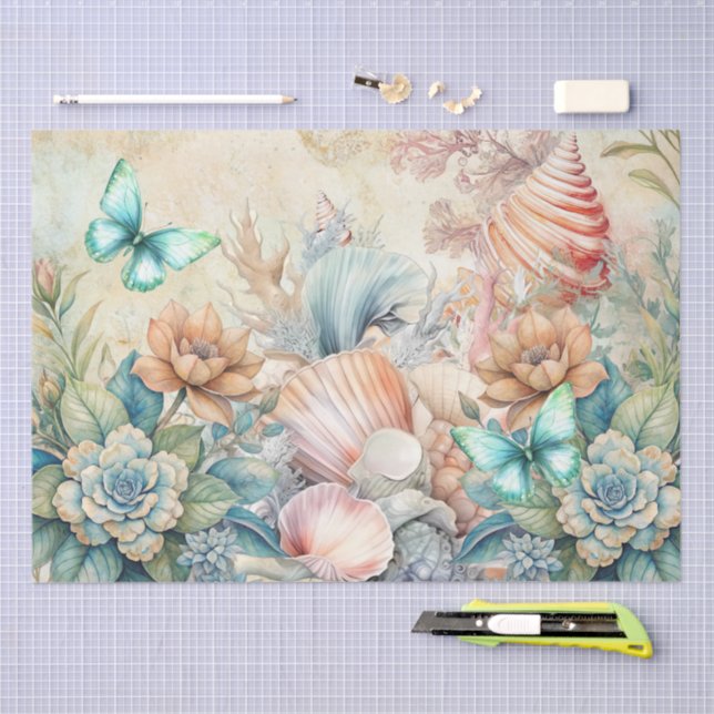 Beachy Pastel Butterflies &  Seashells Decoupage  Seidenpapier (Handwerk)