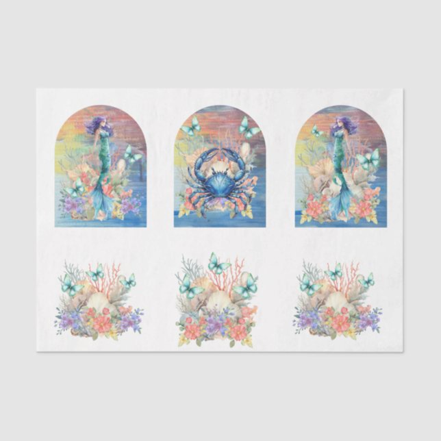 Beachy Pastel  Floral Mermaid & Shells Decoupage Seidenpapier (Vorderseite)