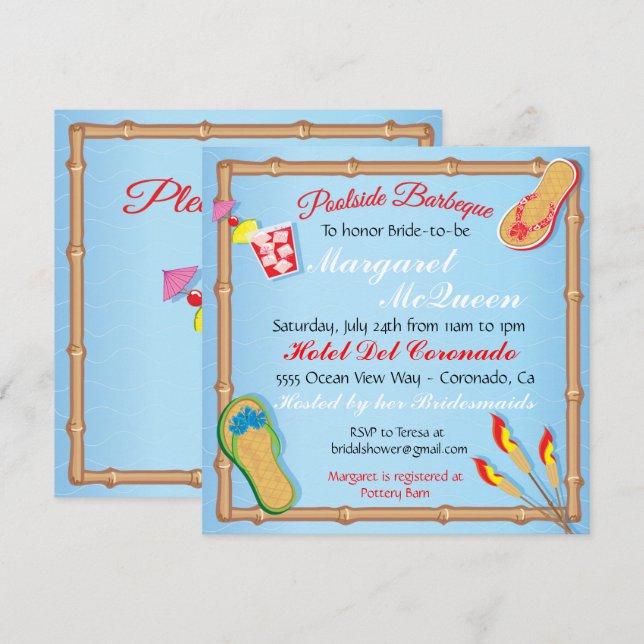 Beachy Poolside GRILLEN Bridal Dusche Einladung (Vorne/Hinten)