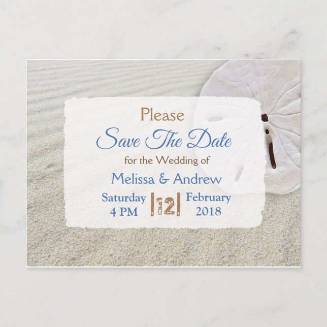 Beachy Sand Dollar Themed Wedding Save the Date Ankündigungspostkarte (Vorderseite)