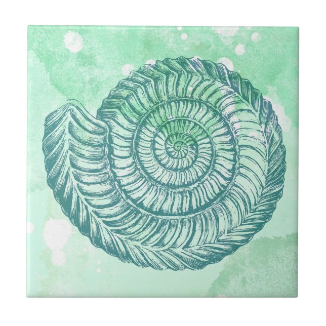 Beachy Spiral Seashell Blue Watercolor Fliese (Vorderseite)