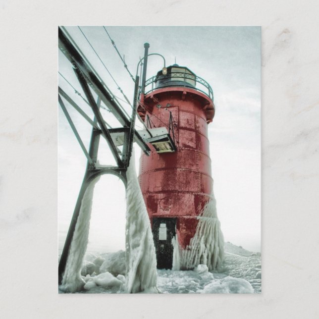 Beacon Frozen Red South Haven Leuchtturm Winter Postkarte (Vorderseite)