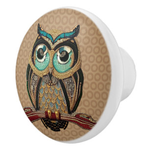 Beaded Owl - Art Deco Türkis und Goldperlen Keramikknauf