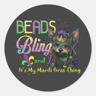 Beads Bling Yorkie Mardi Gras Carnival Masquerade Runder Aufkleber