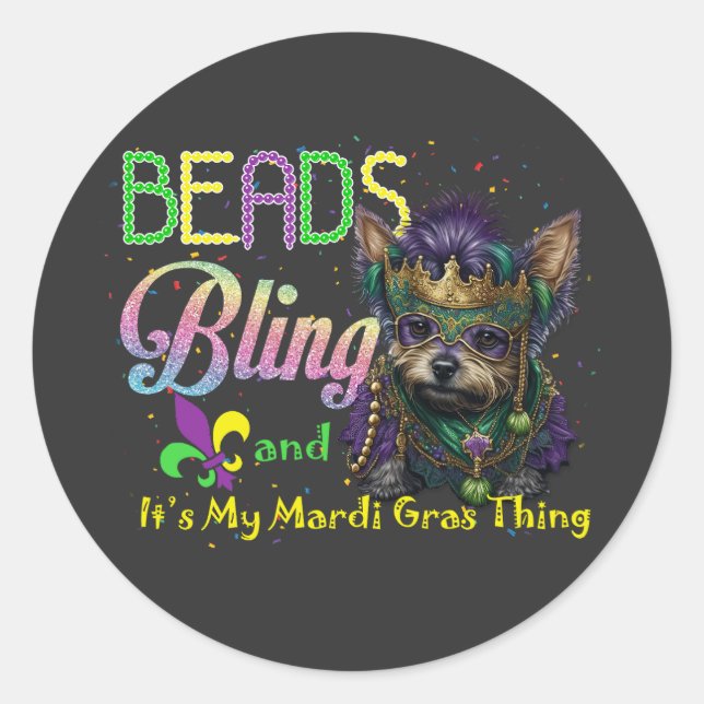 Beads Bling Yorkie Mardi Gras Carnival Masquerade Runder Aufkleber (Vorderseite)