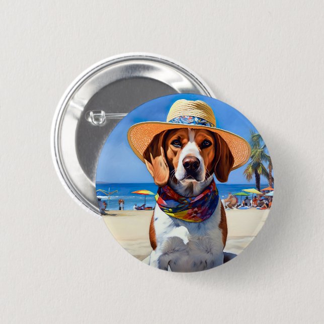 Beagle am Strand, Sommergeschenk für Hundefreunde Button (Vorne & Hinten)