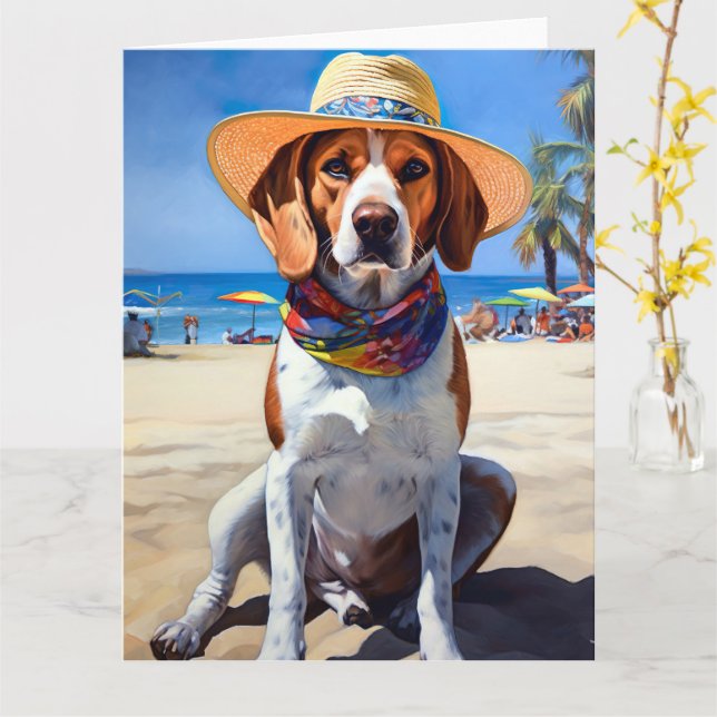Beagle am Strand, Sommergeschenk für Hundefreunde Karte (Gelbe Blume)