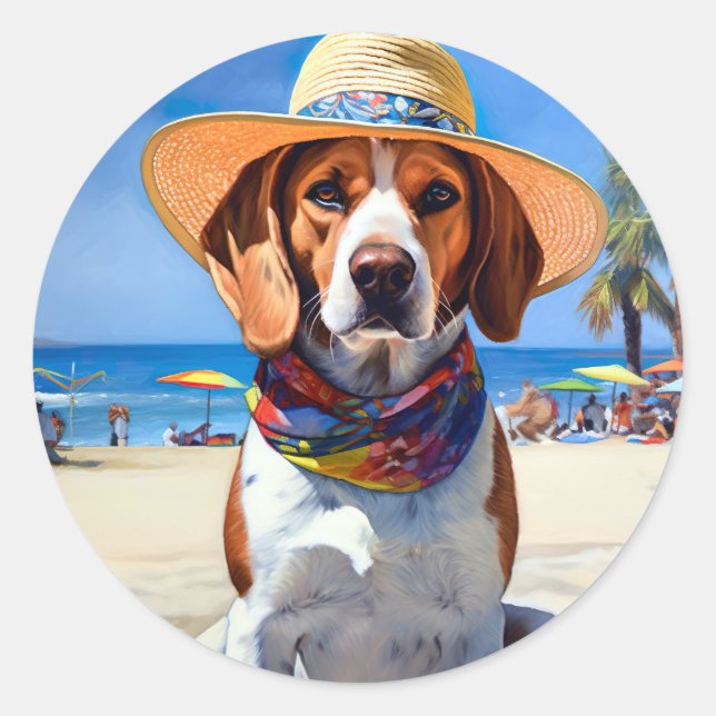 Beagle am Strand, Sommergeschenk für Hundefreunde Runder Aufkleber (Vorderseite)