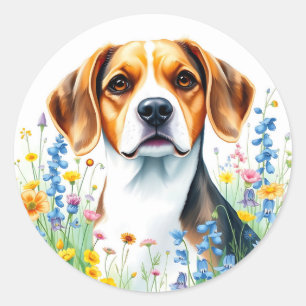 Beagle Aquarell Portrait mit lebendiger Wildblume Runder Aufkleber