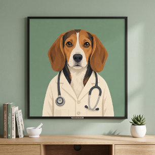 Beagle-Arzt mit medizinischem Mantel und Stethosko Poster