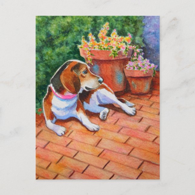 Beagle auf Brick Patio Postkarte (Vorderseite)