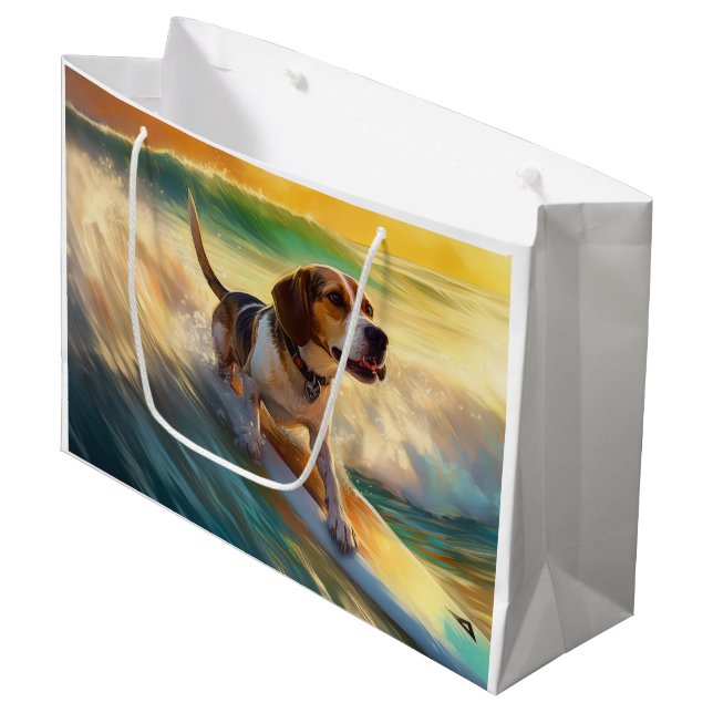 Beagle Beach Surfanstrich Große Geschenktüte (Vorderseite Schrägansicht)