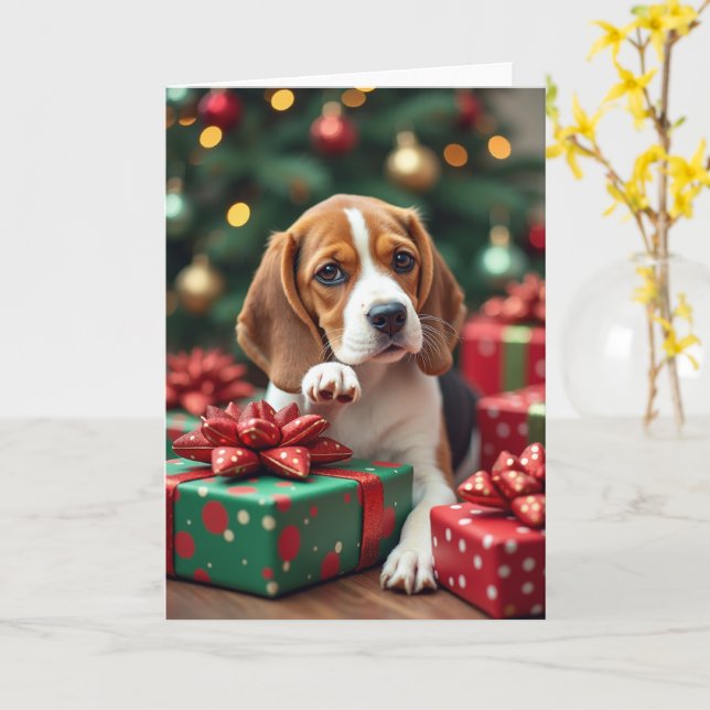 Beagle beim Einwickeln von Weihnachtsgeschenken Ma Karte (Gelbe Blume)