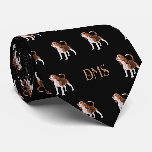 Beagle Bliss: Mit Monogramm Beagle Muster Schwarz Krawatte (Gerollt)