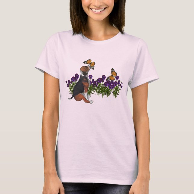 Beagle Butterflies Blume Niedlicher Hund T-Shirt (Vorderseite)