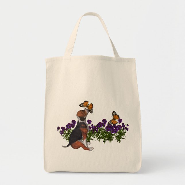 Beagle Butterflies Pansies Tote Bag Tragetasche (Vorne)